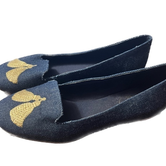 Jack Rogers Blue Chambray Denim Gold Embroidered Tassel Ballet Flats Size 6 - Picture 3 of 6